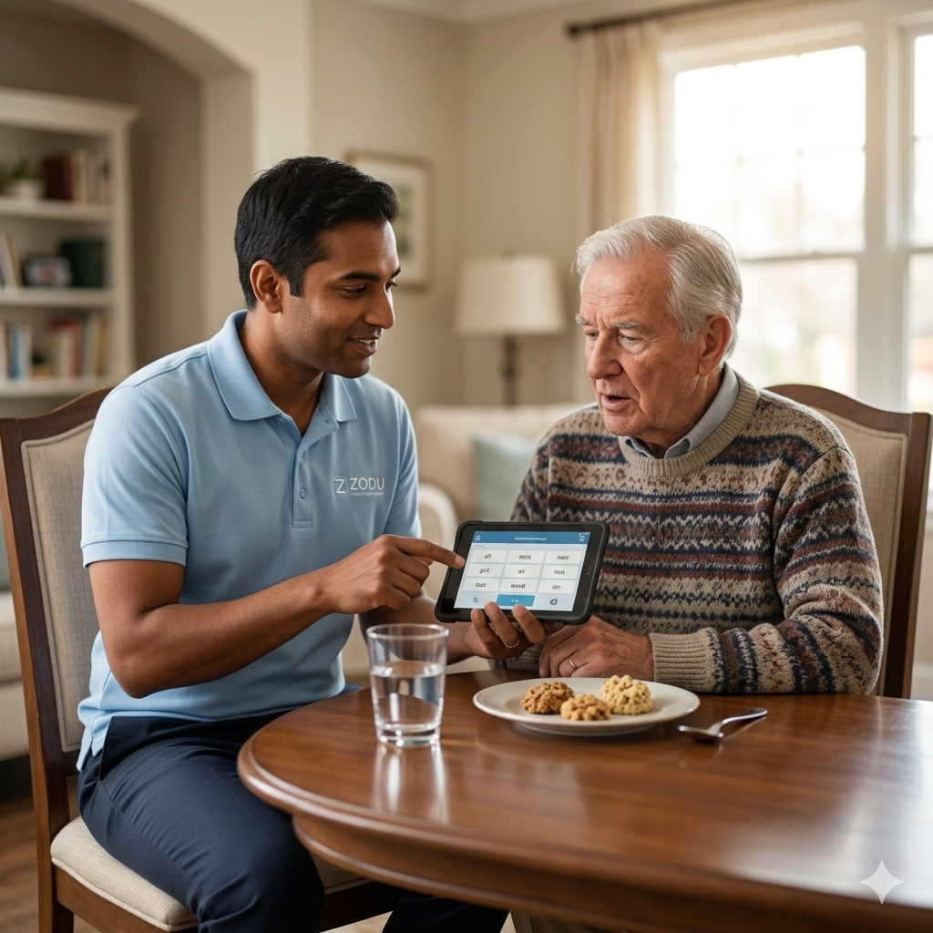 An adult patient receiving post-stroke speech therapy at home in Orlando for aphasia and swallowing support.
