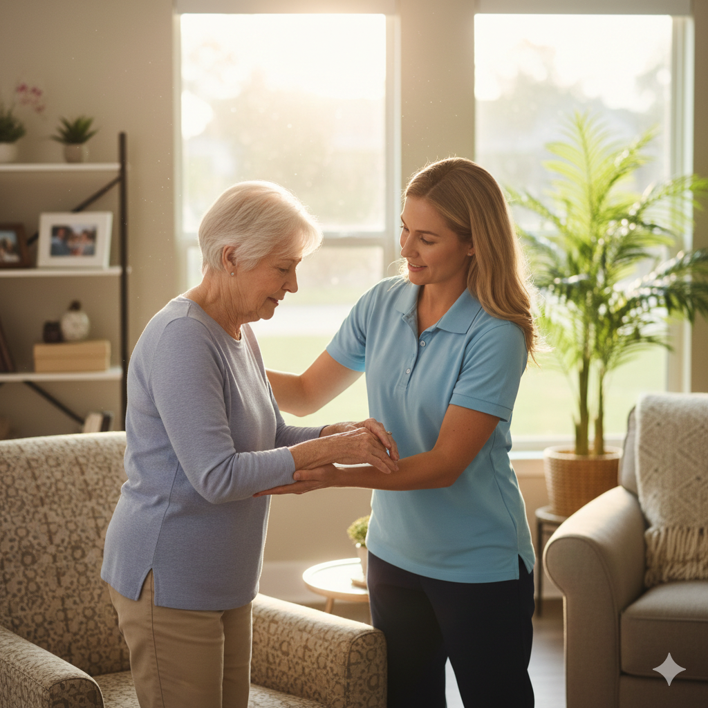 A licensed therapist providing in-home physical therapy in Orlando to help a patient regain mobility safely at home.
