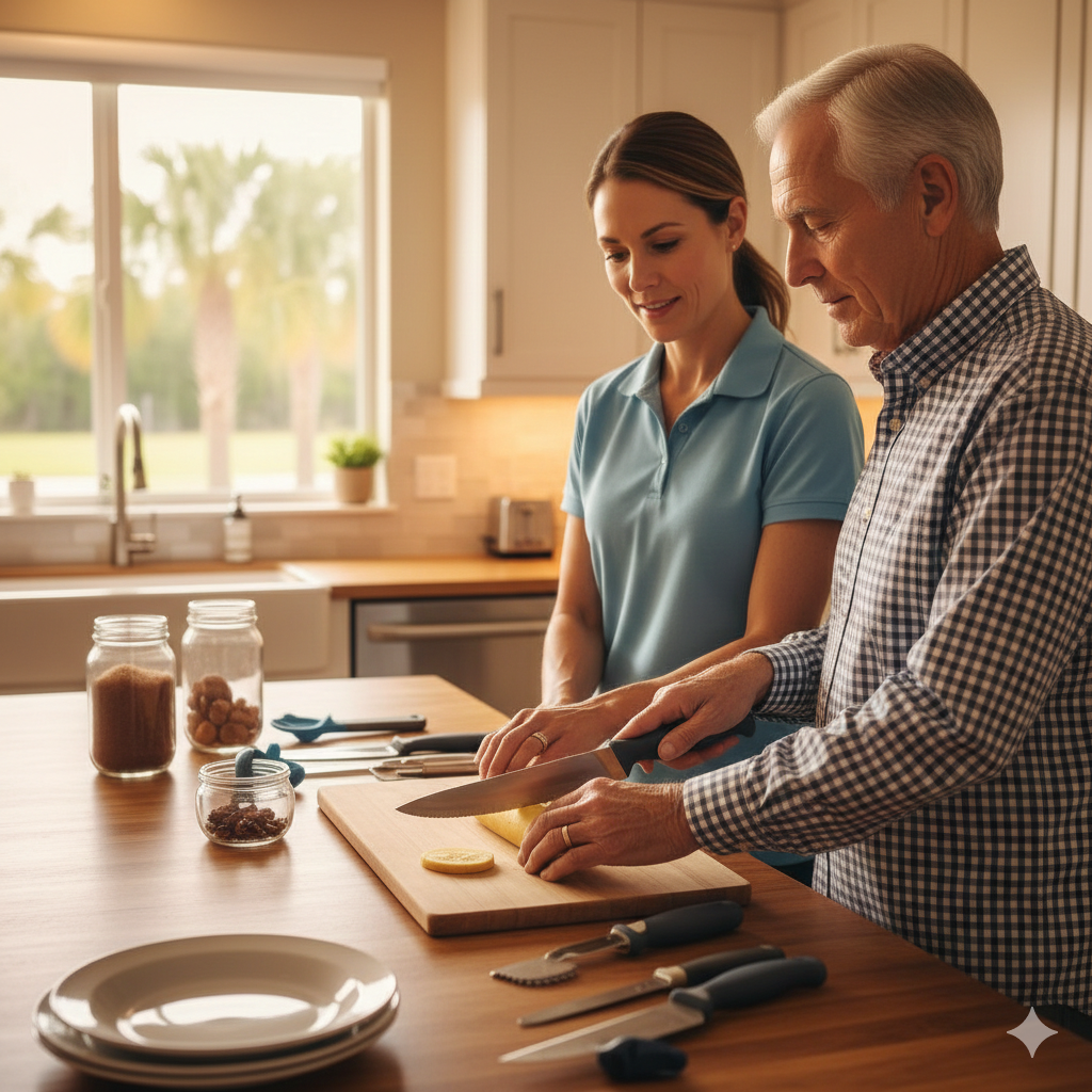 A patient practicing daily living skills with an in-home occupational therapist in Central Florida.