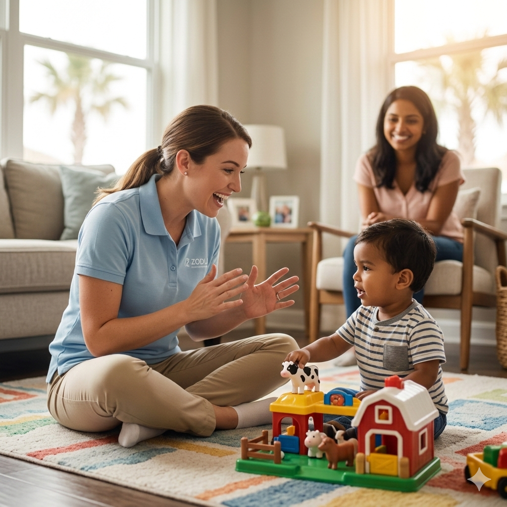 A pediatric speech therapist providing in-home speech delay therapy to a toddler in Orlando.