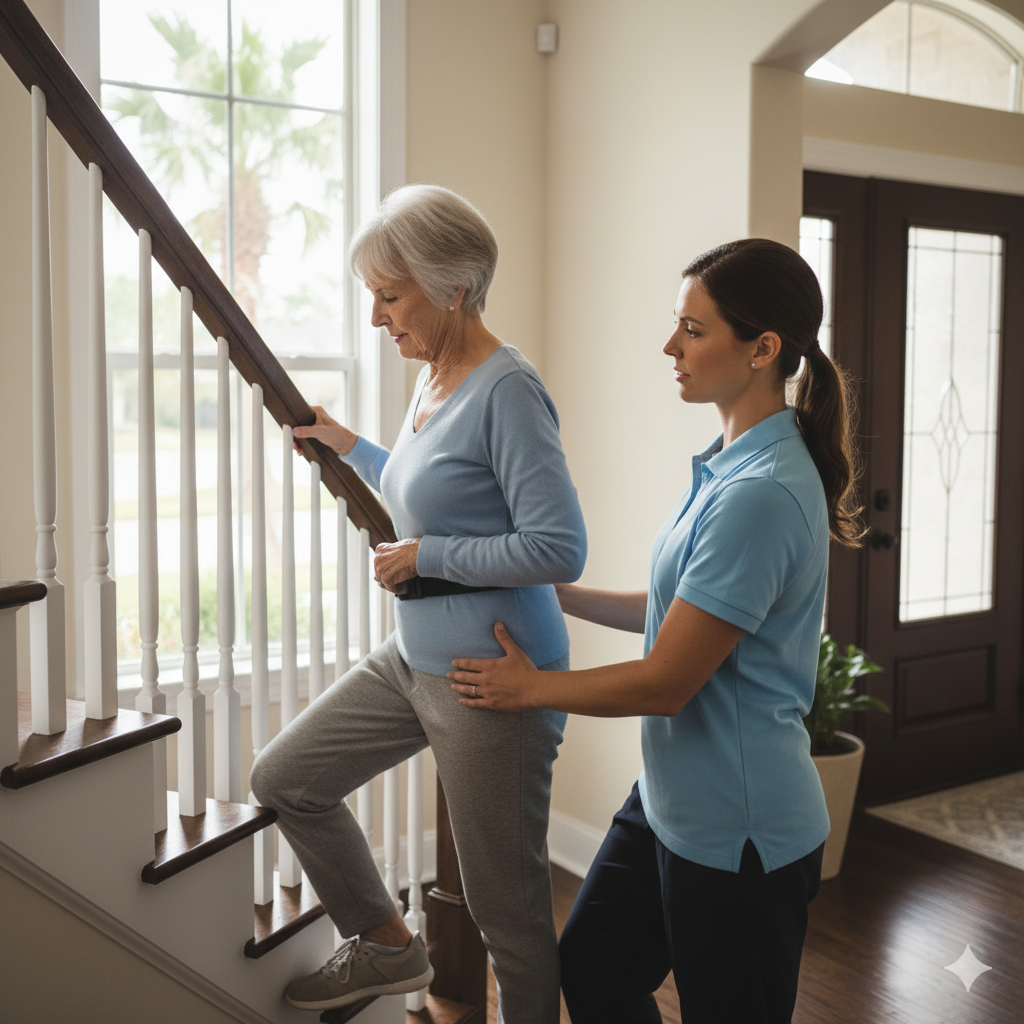 Post-surgical physical therapy at home in Orlando, focusing on gait training and navigating stairs safely.