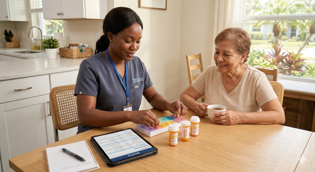 A licensed nurse providing medication management at home by organizing a patient's weekly prescriptions in Orlando.